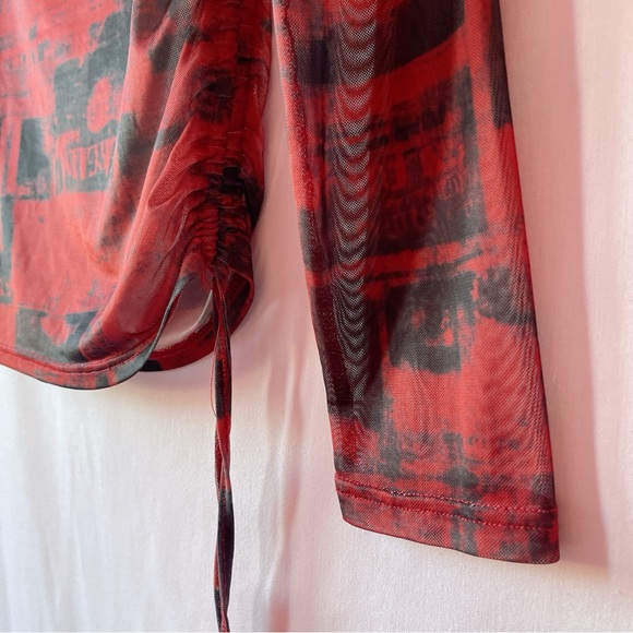 Crimson Red Newspaper Off Shoulder Mesh Top 🔲🖤🥀 - Picture 4 of 8